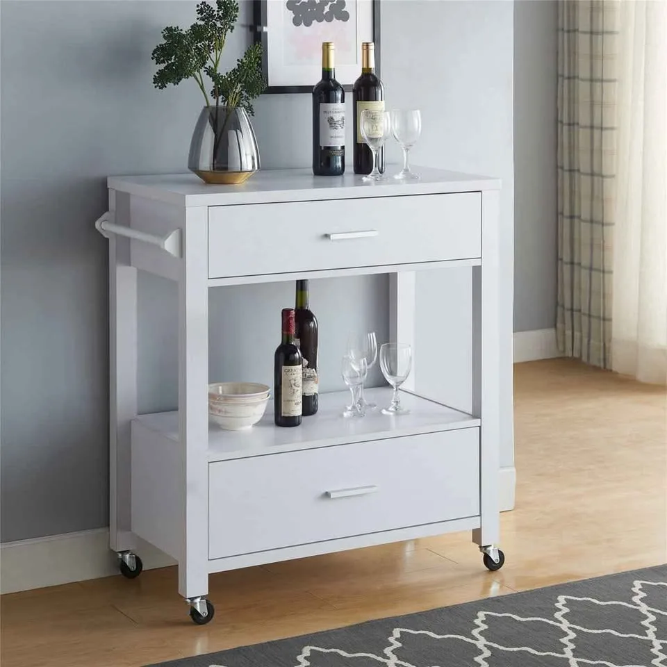 Contemporary Wood Bar Cart with 2 Drawers, NEW thumbnail