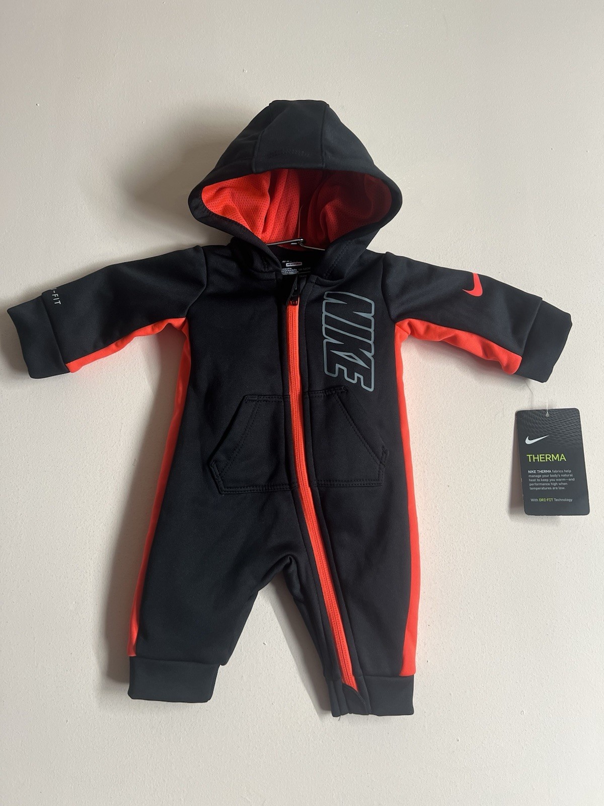 Nike Baby Boy Hooded Coverall Black & Orange Size Newborn