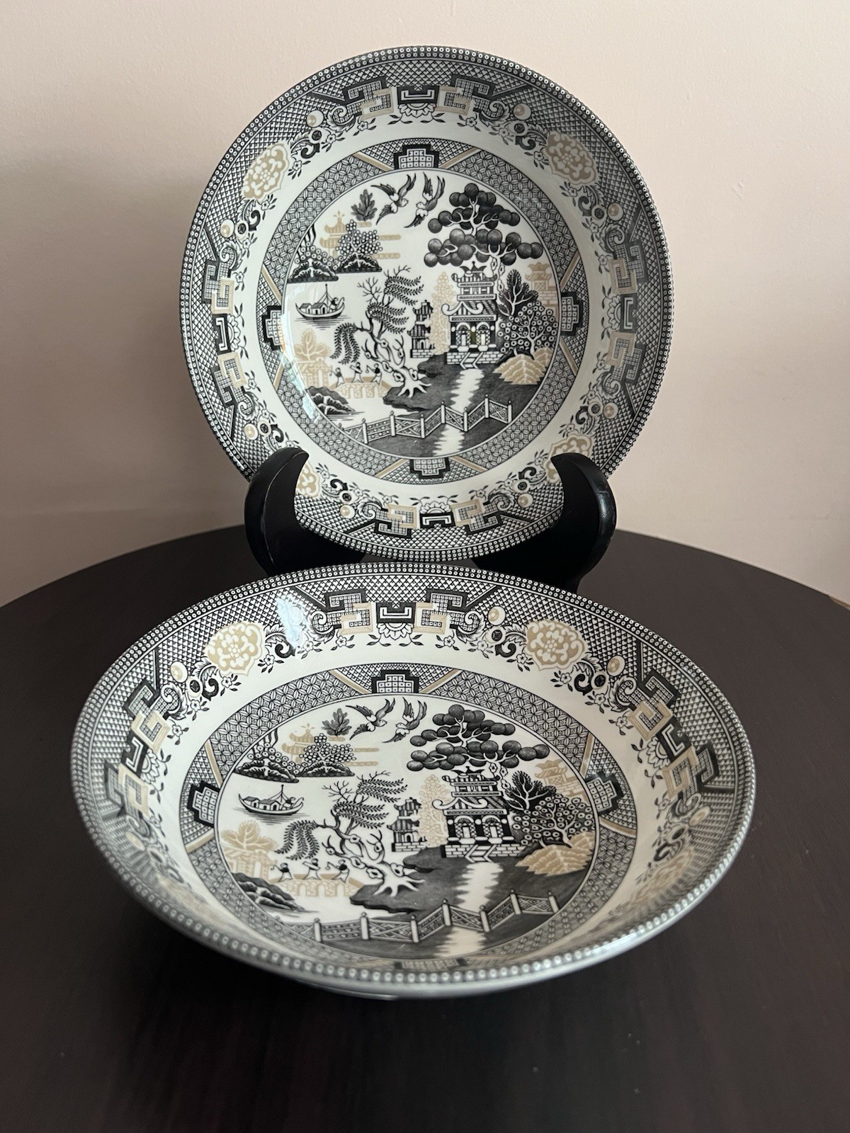 Royal Stafford Willow Black and Gold Pasta Bowls 7.5” Set of 2