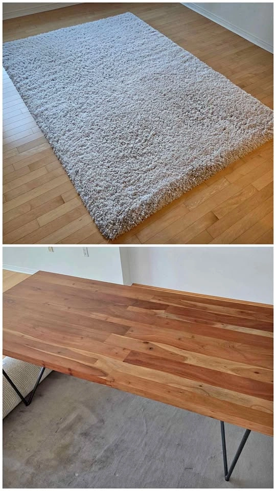 CB2 Dining Table + White Rug ~5x8