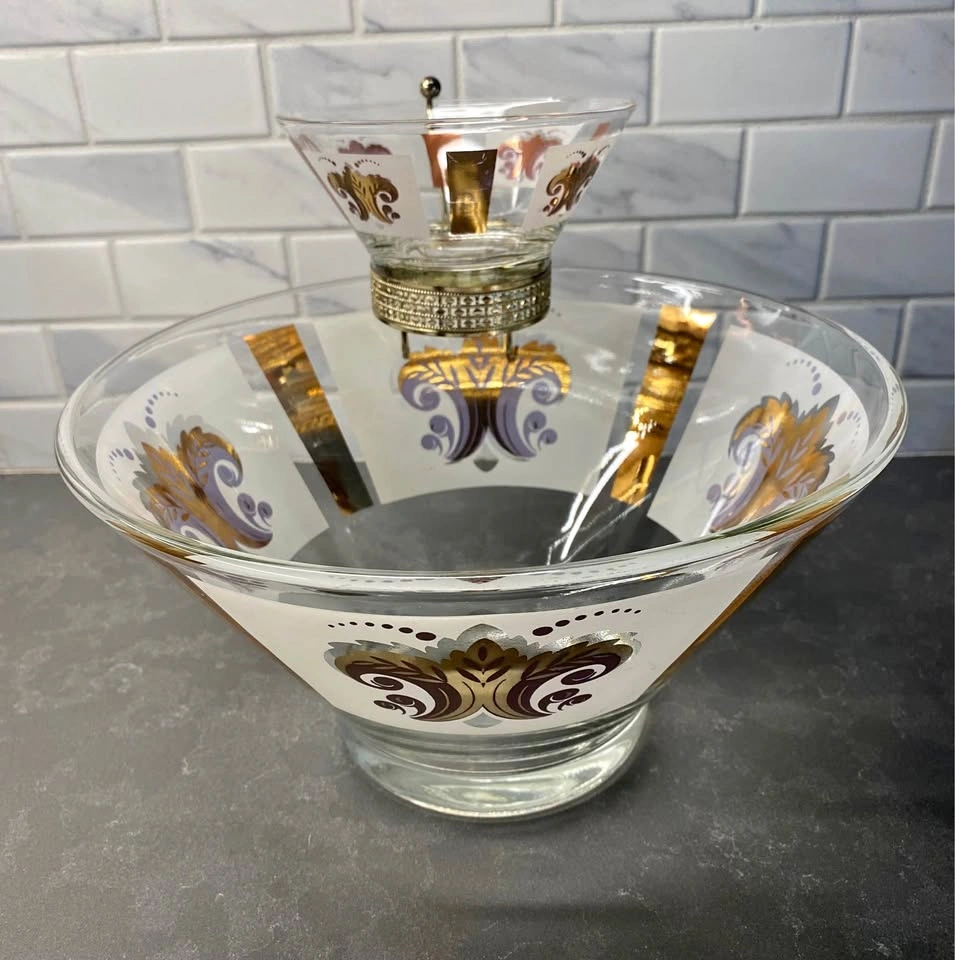 Vintage MCM Anchor Hocking Gold Fleur-de-Lis Chip and Dip Bowl S