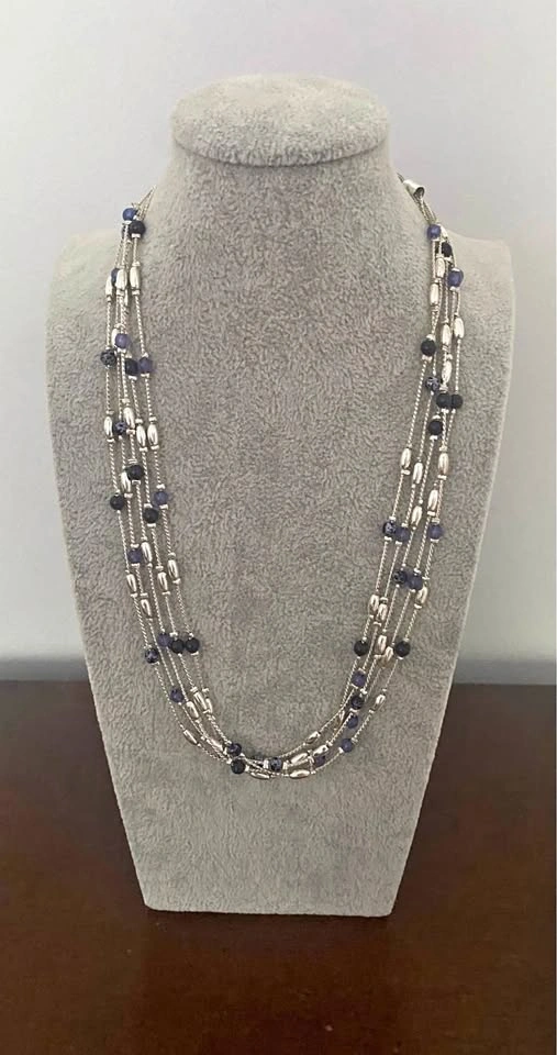 Multi-Strand Silver and Blue Beaded Necklace