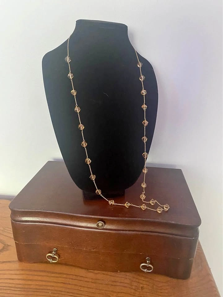 Long Gold-Tone Chain Necklace with Amber Faceted Beads