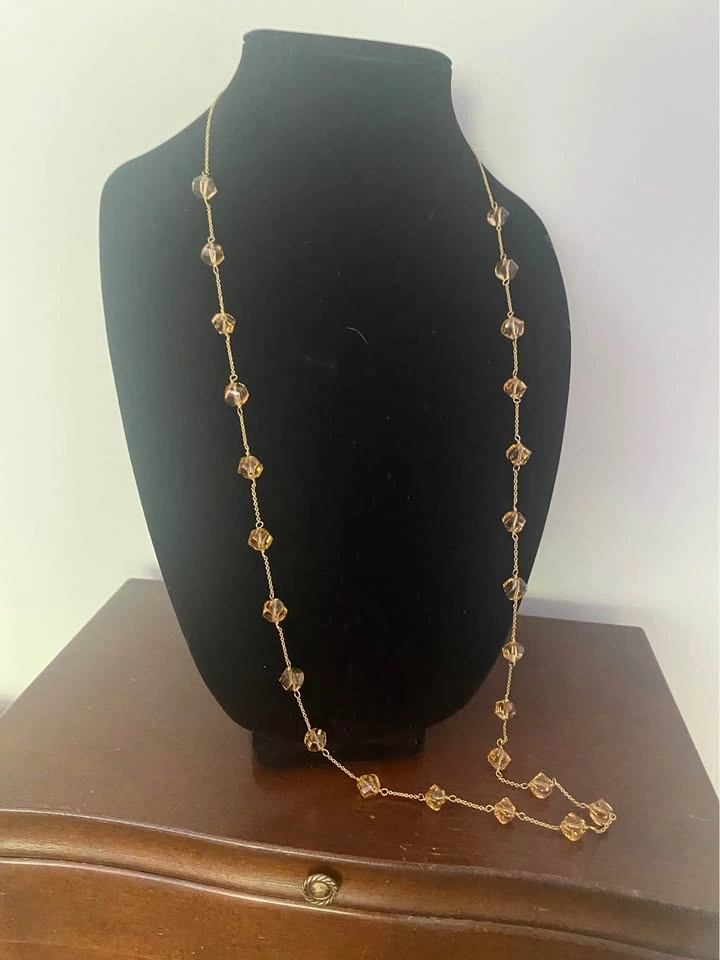 Long Gold-Tone Chain Necklace with Amber Faceted Beads - photo 2