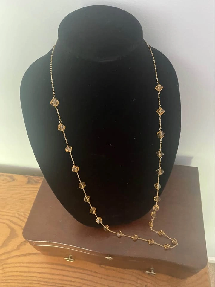 Long Gold-Tone Chain Necklace with Amber Faceted Beads - photo 3