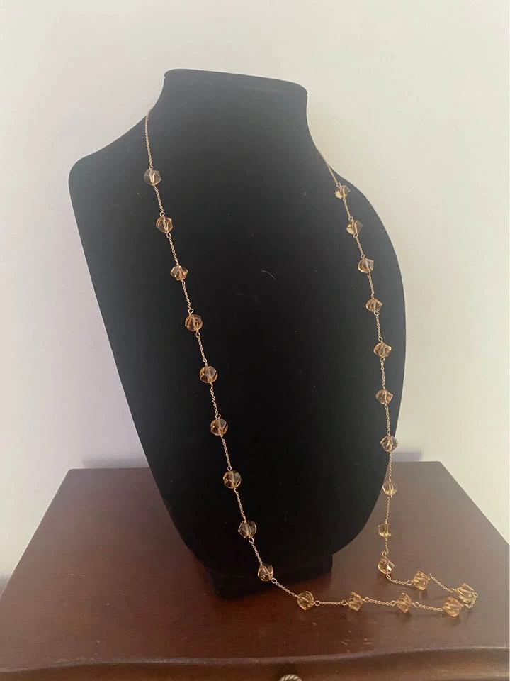 Long Gold-Tone Chain Necklace with Amber Faceted Beads - photo 4