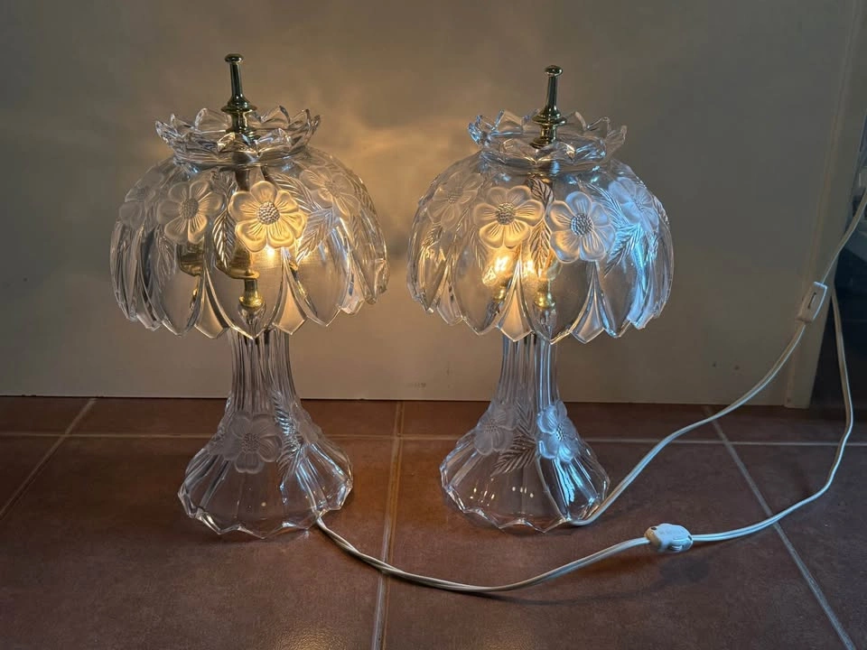 Pair of Vintage Frosted Glass Floral Table Lamps - photo 3