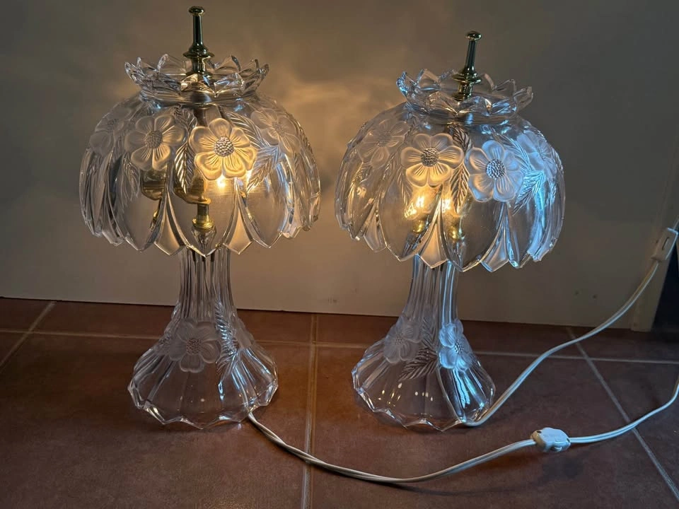 Pair of Vintage Frosted Glass Floral Table Lamps - photo 4