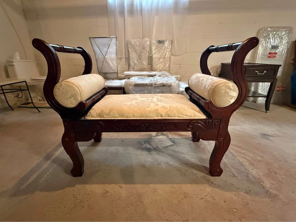 Ornate Carved Wood Window Bench with Bolster Pillows
