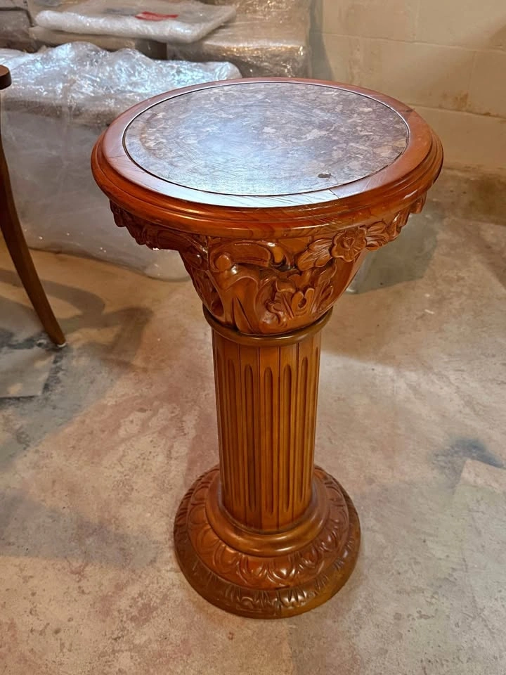 Carved Wood Pedestal Plant Stand with Marble Top
