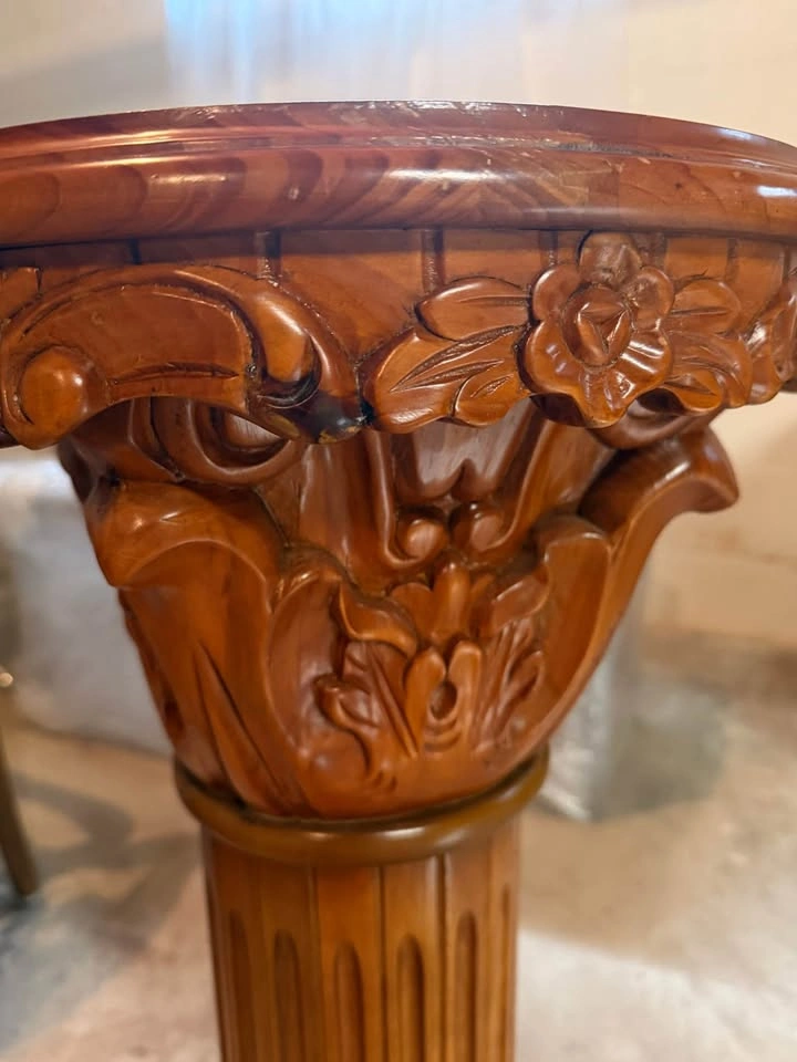 Carved Wood Pedestal Plant Stand with Marble Top - photo 2
