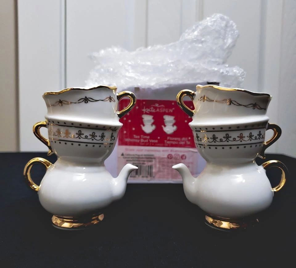 NEW IN BOX! Set of 2 Kate Aspen Tea Time Whimsey Bud Vases