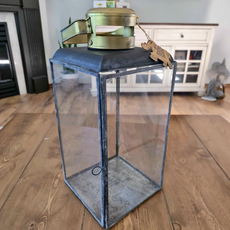 Black Framed Glass and Metal Candle Lantern