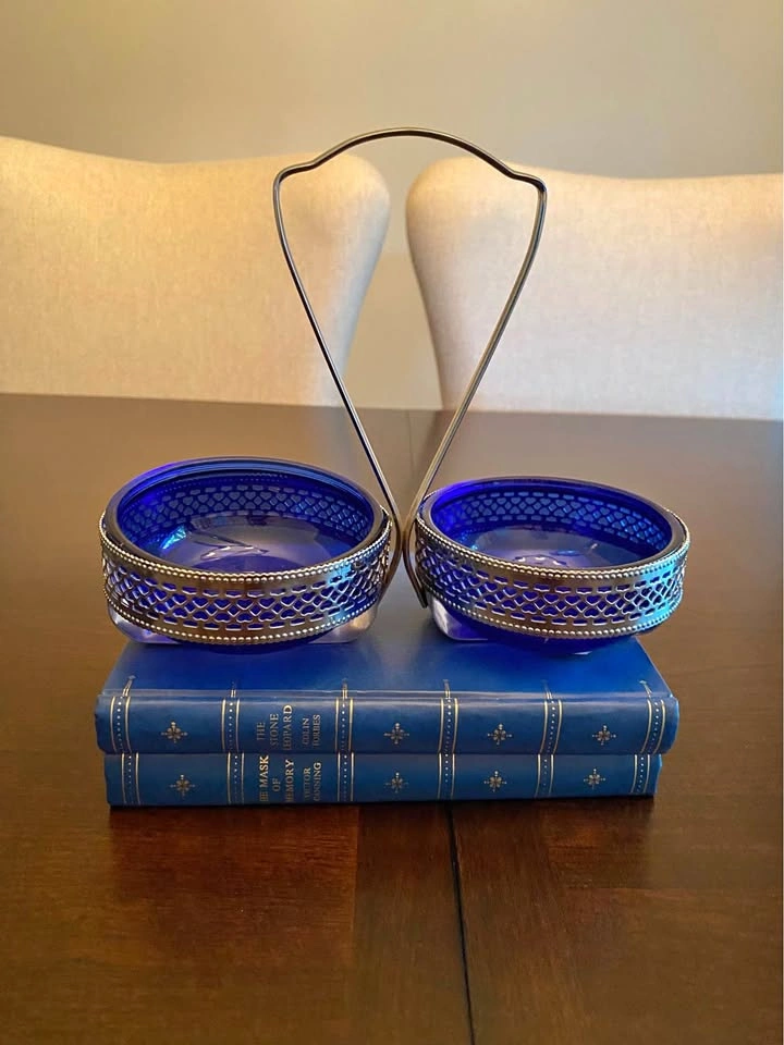 Vintage Cobalt Blue Glass Condiment Set with Silver Tone Caddy