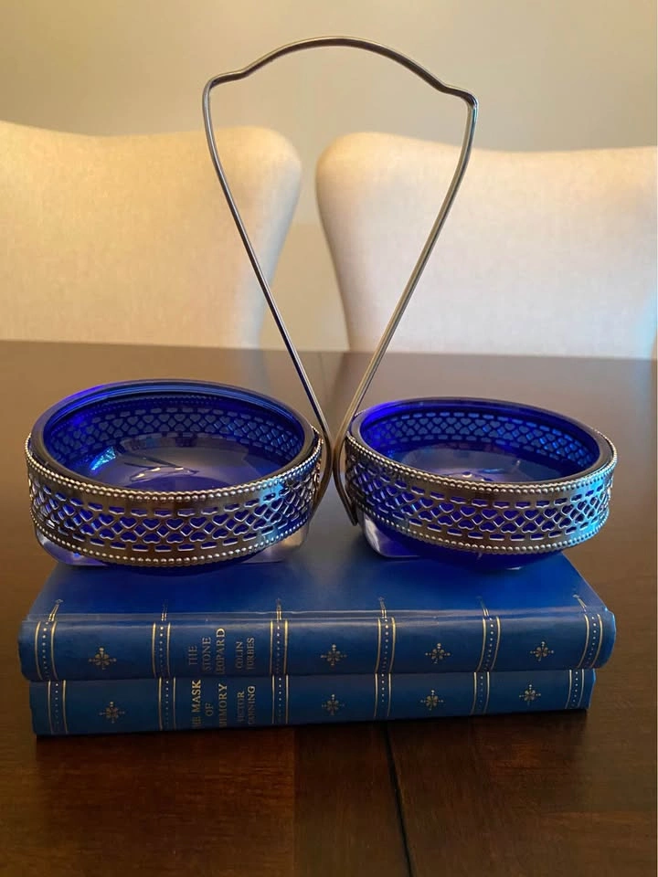 Vintage Cobalt Blue Glass Condiment Set with Silver Tone Caddy - photo 2