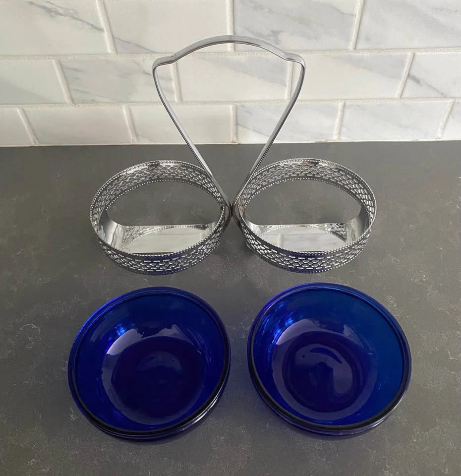 Vintage Cobalt Blue Glass Condiment Set with Silver Tone Caddy - photo 3
