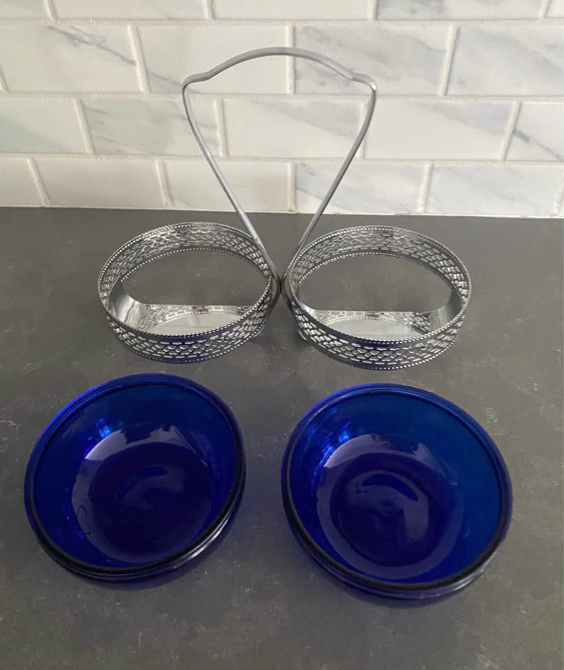 Vintage Cobalt Blue Glass Condiment Set with Silver Tone Caddy - photo 4
