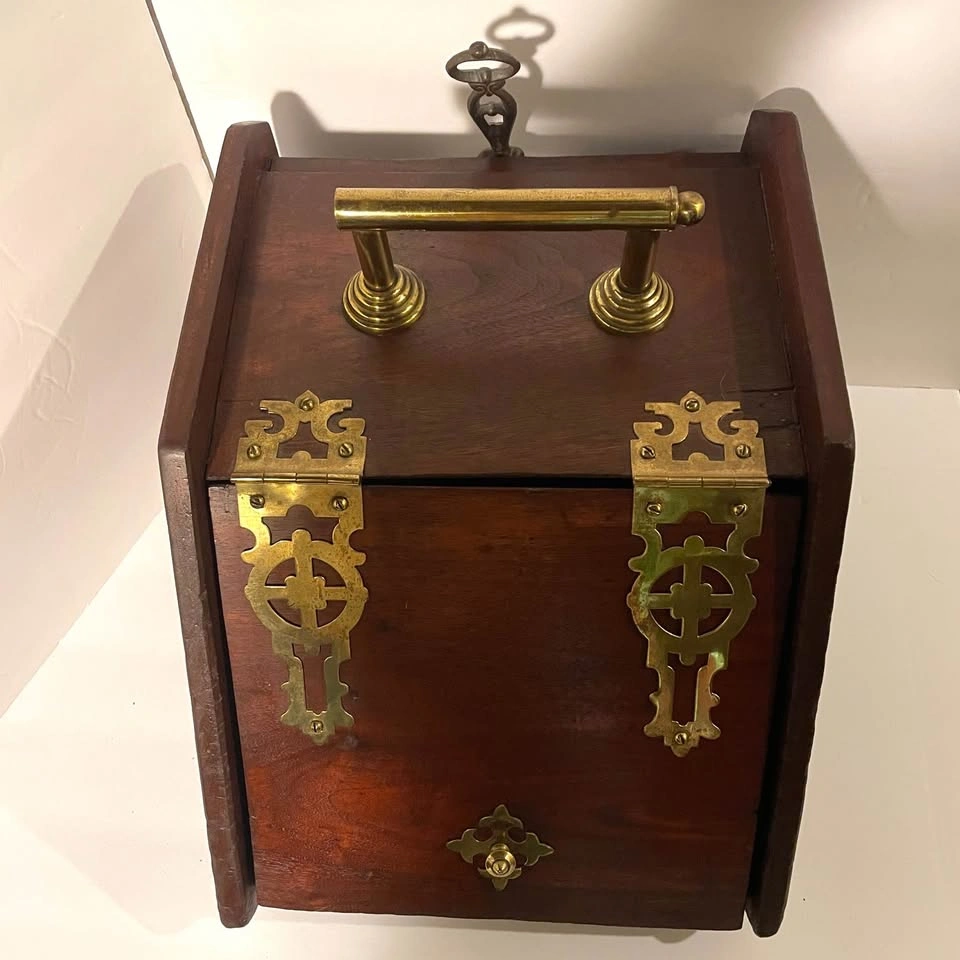 VTG Wood Coal Scuttle Purdonium Box - Brass Hardware - photo 2
