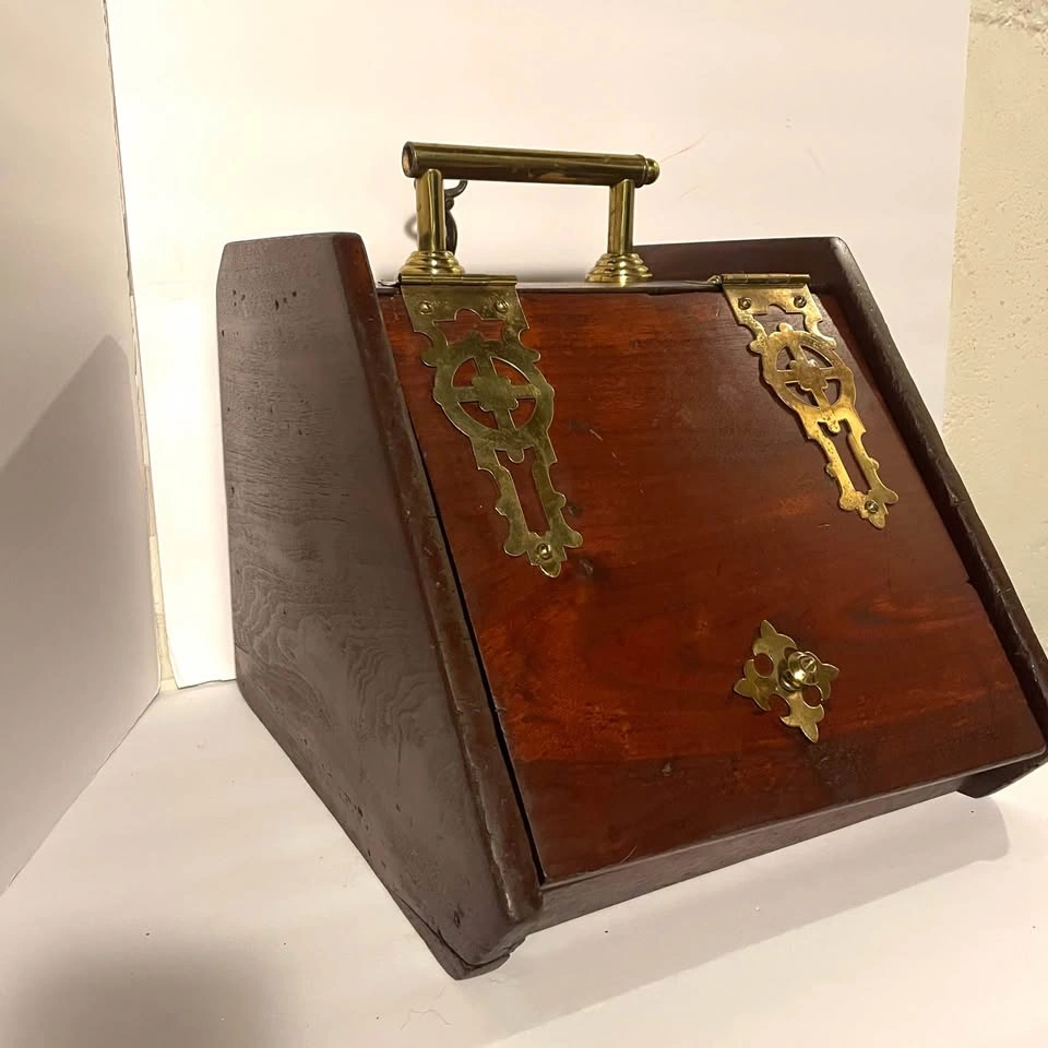 VTG Wood Coal Scuttle Purdonium Box - Brass Hardware - photo 3
