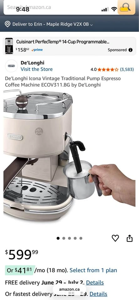 Red De'Longhi Icona Espresso Machine with Milk Frother