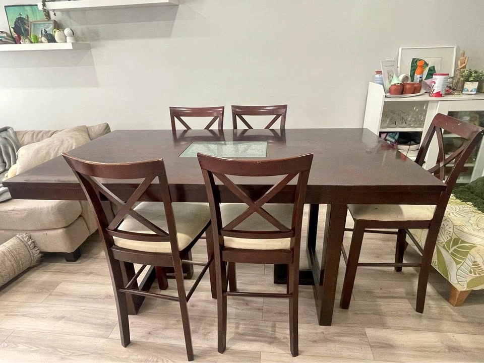 Dark Solid Wood Counter Height Dining Table with 5 Chairs