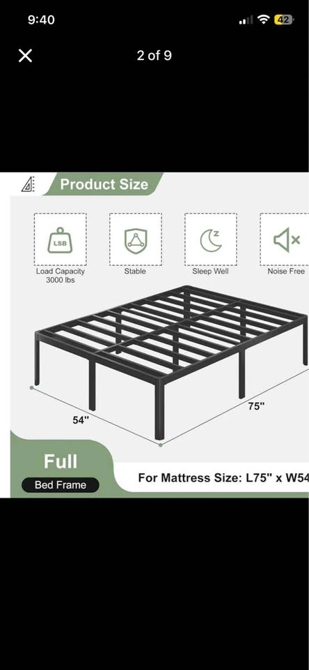 20” Full (Double) Size Metal Bed Frame (no box spring needed) - photo 2