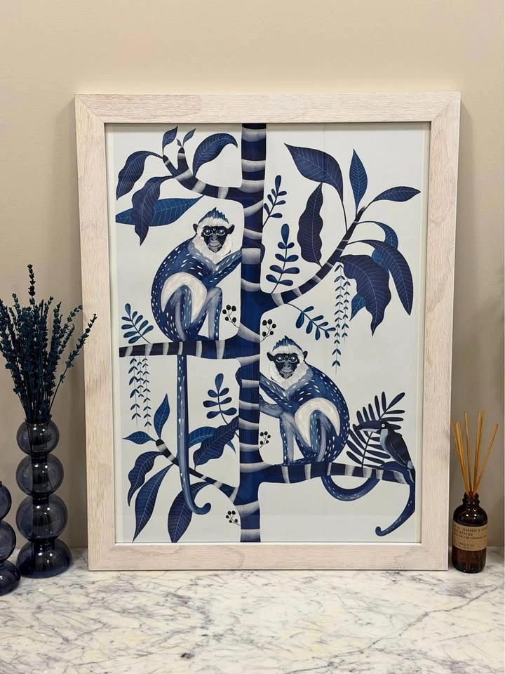 Framed art print, 2 blue monkeys in tropical jungle setting