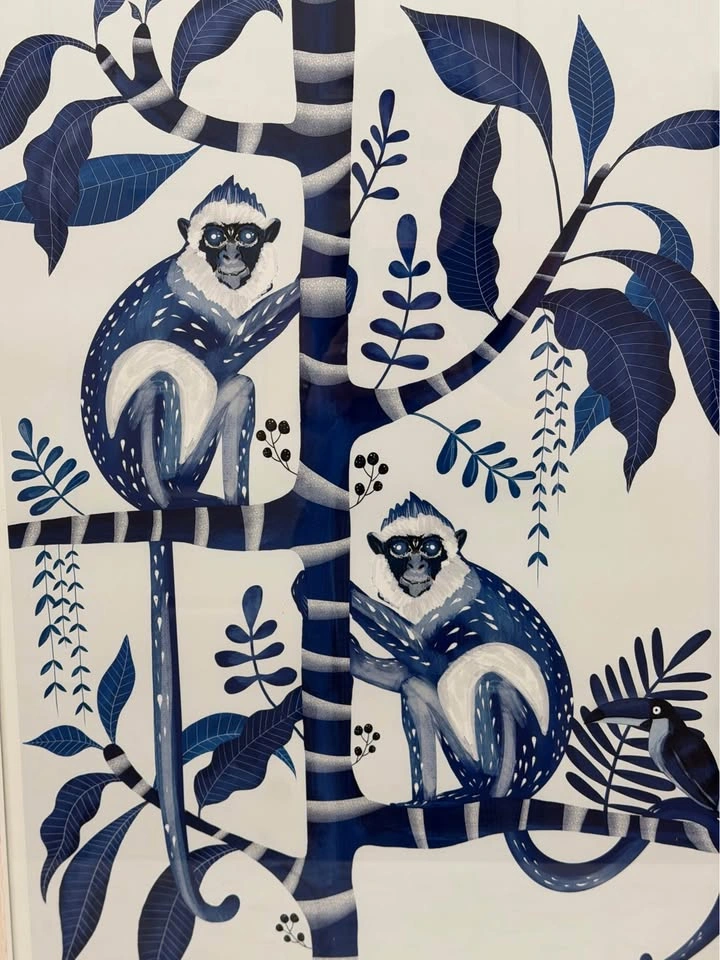Framed art print, 2 blue monkeys in tropical jungle setting - photo 2