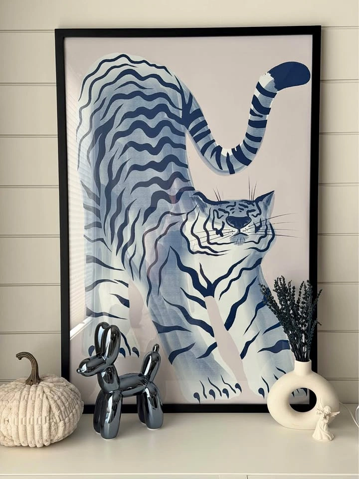 Framed oversized art print, blue tiger graphic illustration