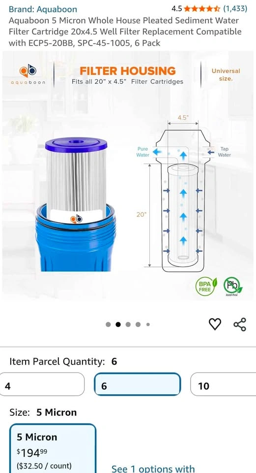 Aquaboon 5 Micron Pleated Sediment Water Filter 20x4.5 6-Pack - photo 3