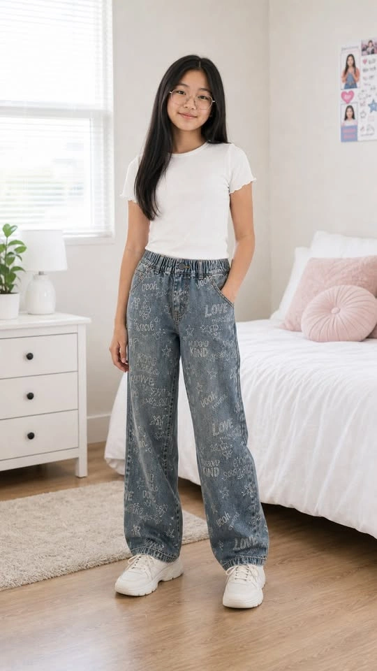 Next Girls Love Print Denim Pants Size 13Y - photo 3