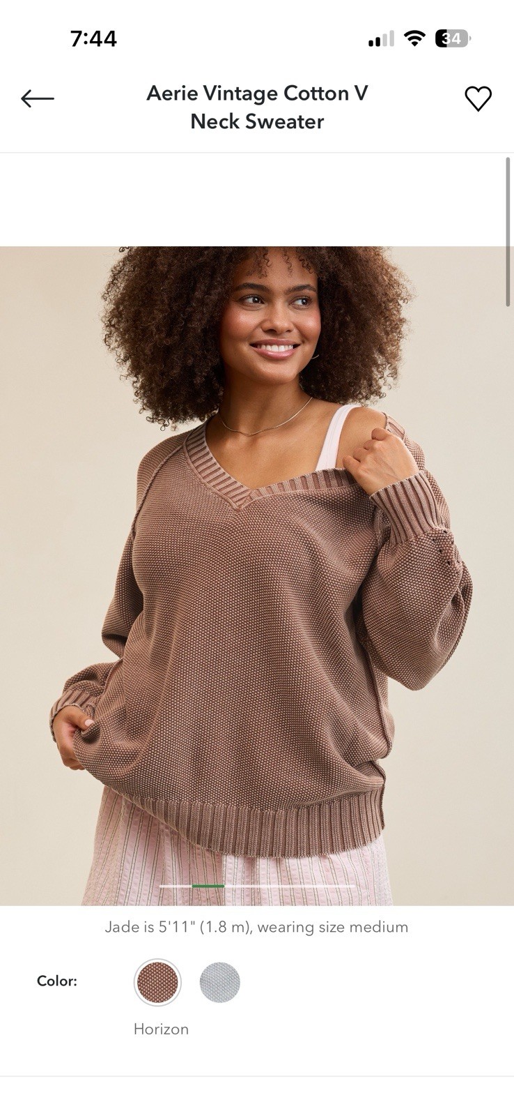 Aerie Cotton Knit V-Neck Pullover Sweater Ribbed Long Sleeve Bro - photo 2