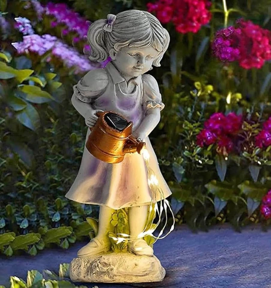 Girl Watering Garden Statue w/ Solar Fairy Light