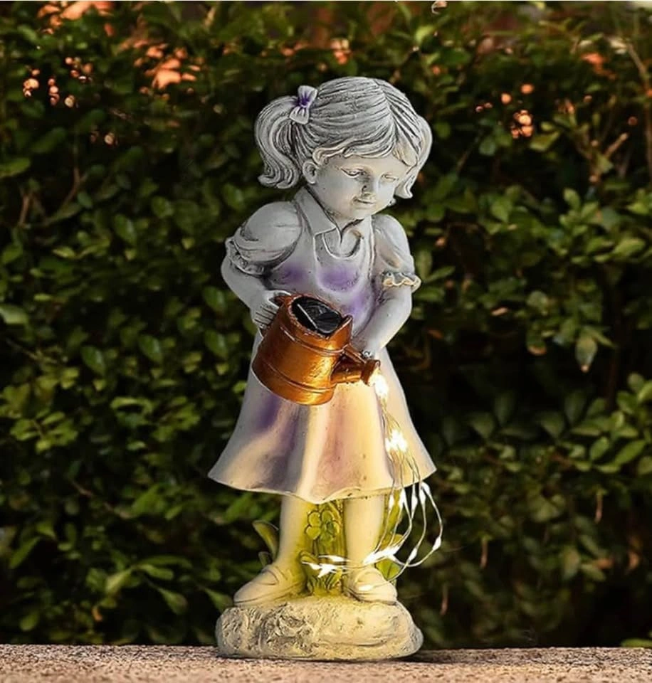 Girl Watering Garden Statue w/ Solar Fairy Light - photo 5