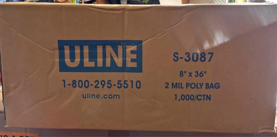 Uline 8 x 36" 2 Mil Industrial Poly Bags 1000 pcs. S-3087