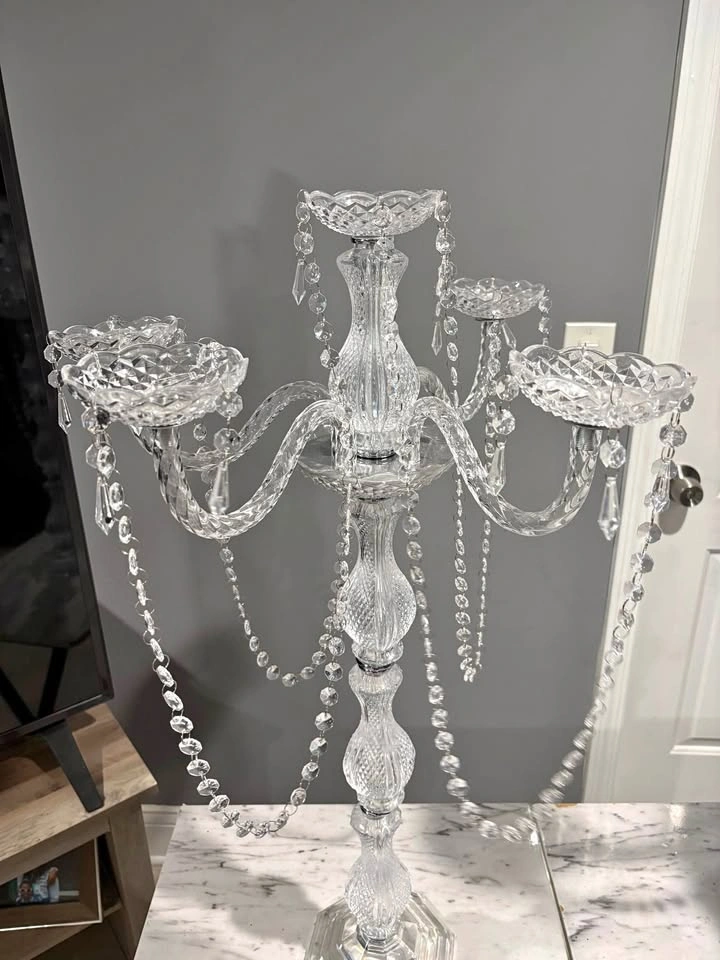 (2pc) 4-Arm Crystal Chandelier Candelabra Silver Metal
