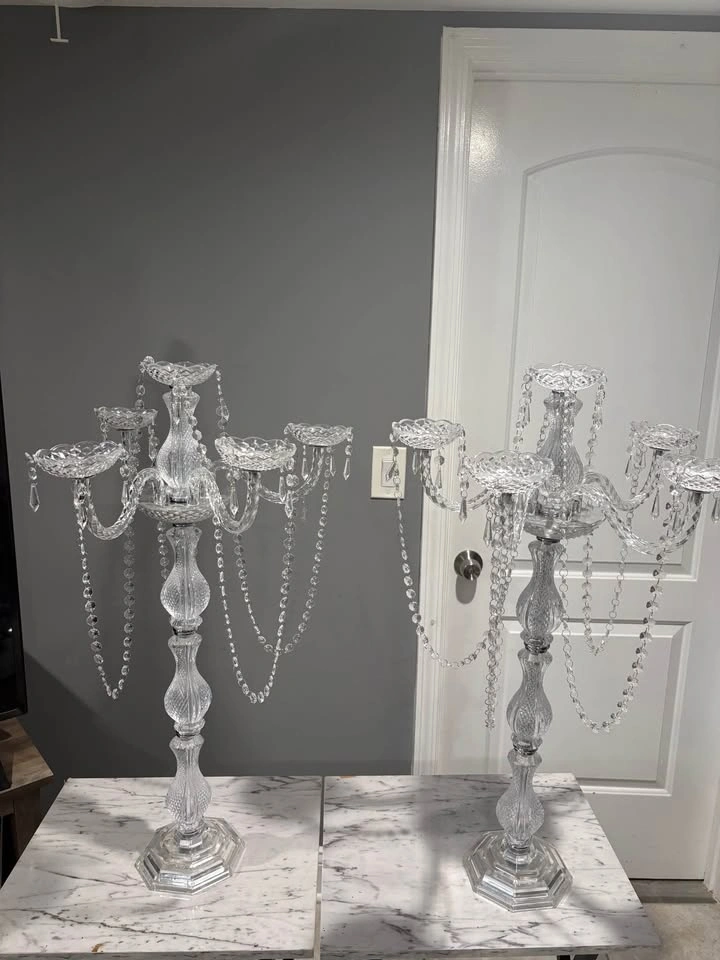 (2pc) 4-Arm Crystal Chandelier Candelabra Silver Metal - photo 2