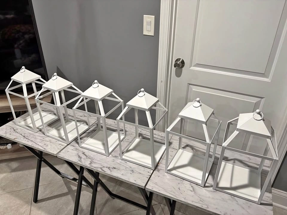 Modern White Metal Lantern Candle Holder - Hanging or Tabletop (
