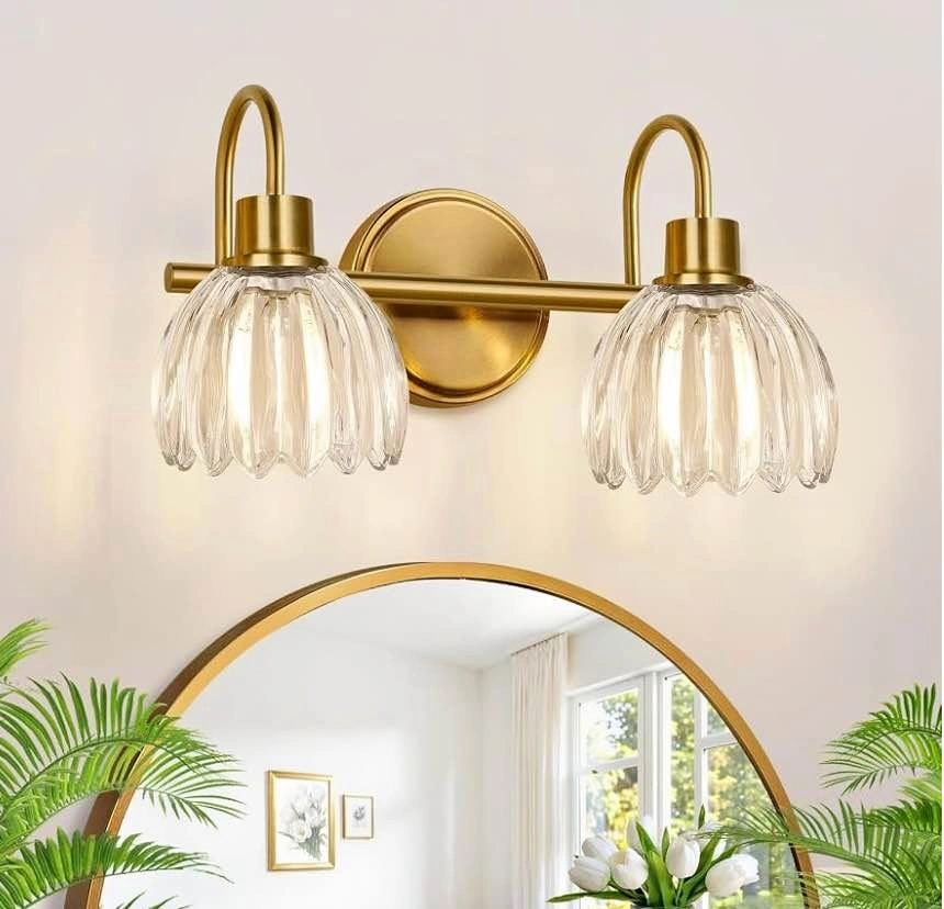 Gold Bathroom Vanity Light Fixture w/ Clear Tulip Glass Shade