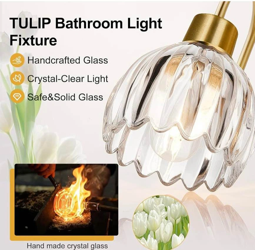 Gold Bathroom Vanity Light Fixture w/ Clear Tulip Glass Shade - photo 2