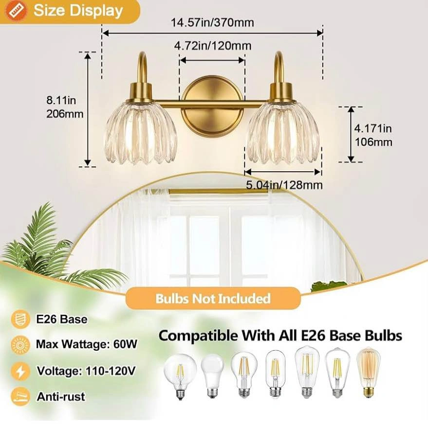 Gold Bathroom Vanity Light Fixture w/ Clear Tulip Glass Shade - photo 3
