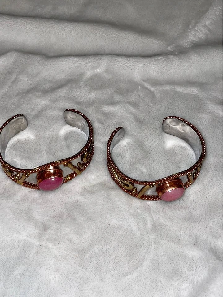2 Mixed Metal Pink Stone Cuff Bracelets