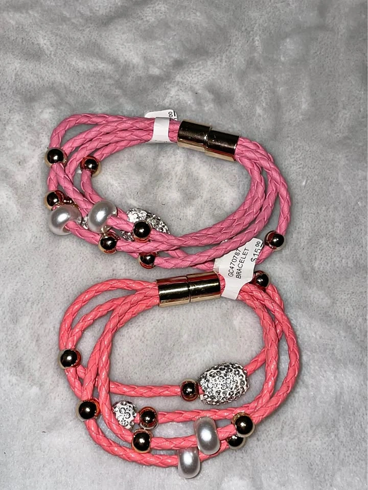 2 Pink Braided Multi-Strand Bracelet with Beaded Accents