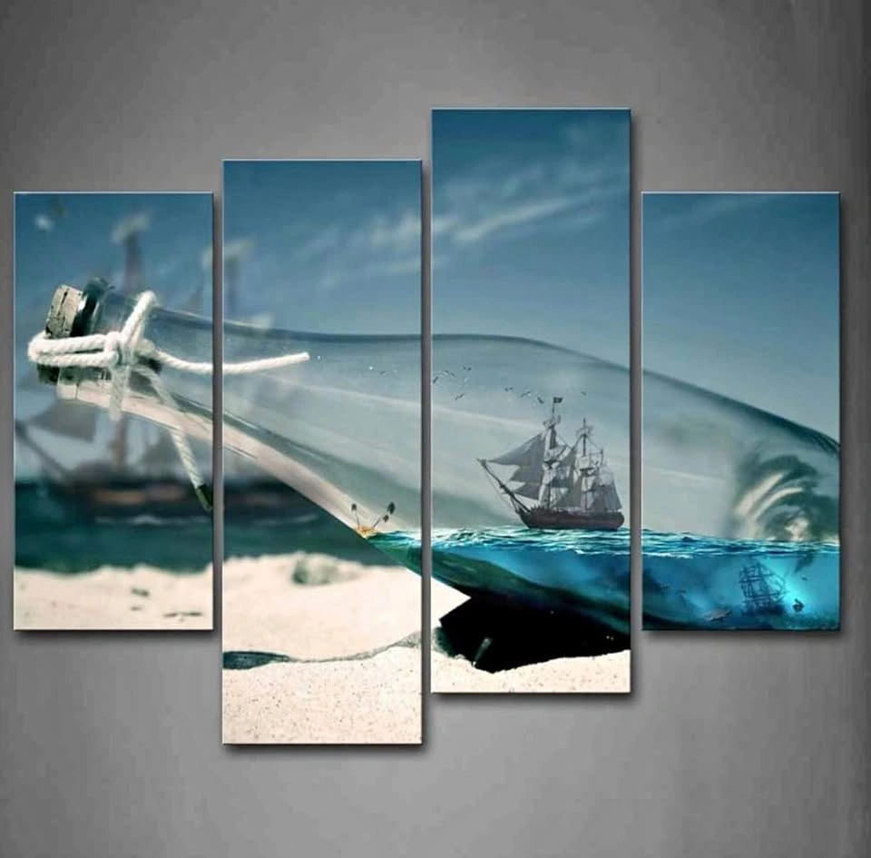 First Wall Art Ship in Bottle Canvas Wall Art 4 Panels