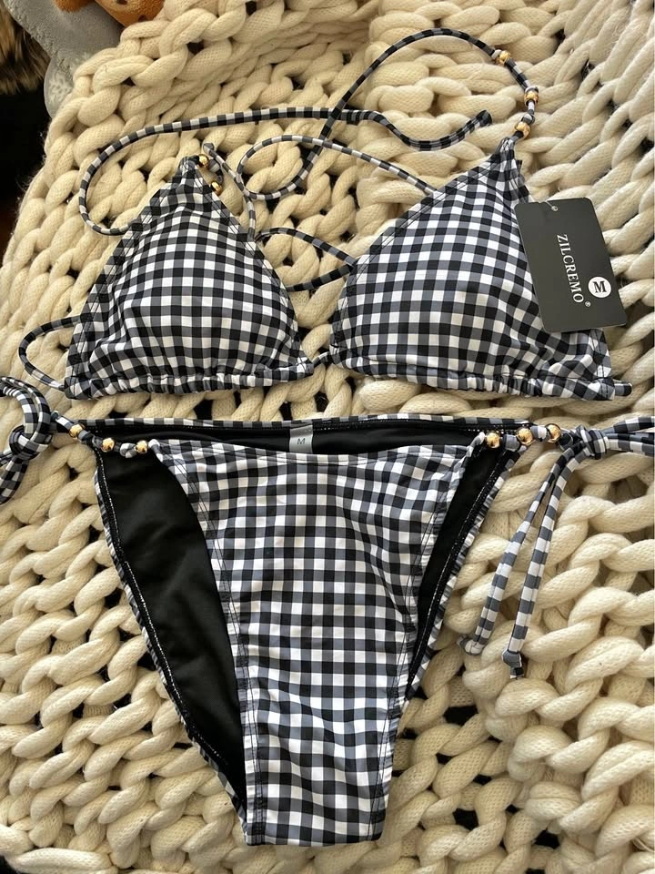 New Black and White Gingham Bead Accent Bikini Set