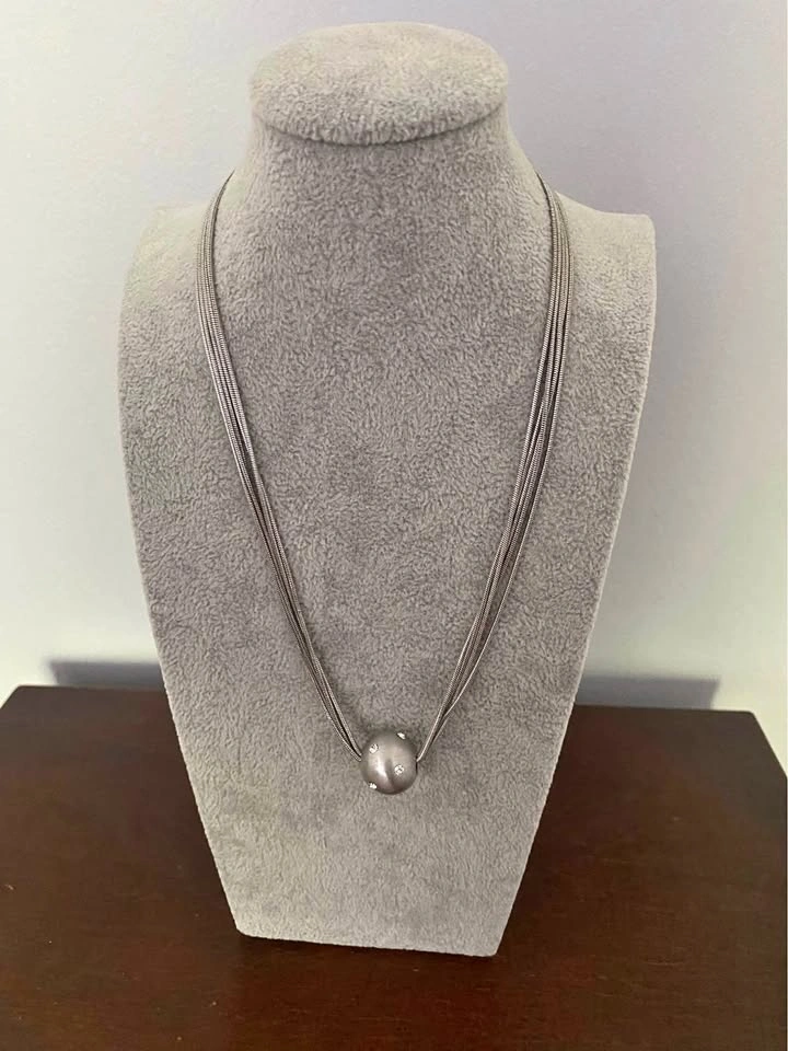 Multi-Strand Silver-Tone Necklace with Crystal Ball Pendant