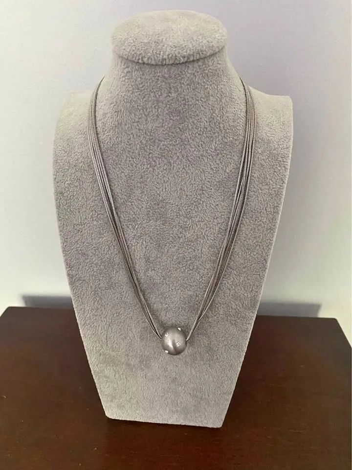 Multi-Strand Silver-Tone Necklace with Crystal Ball Pendant