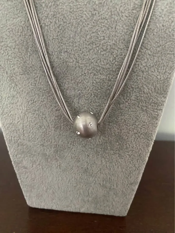 Multi-Strand Silver-Tone Necklace with Crystal Ball Pendant - photo 2