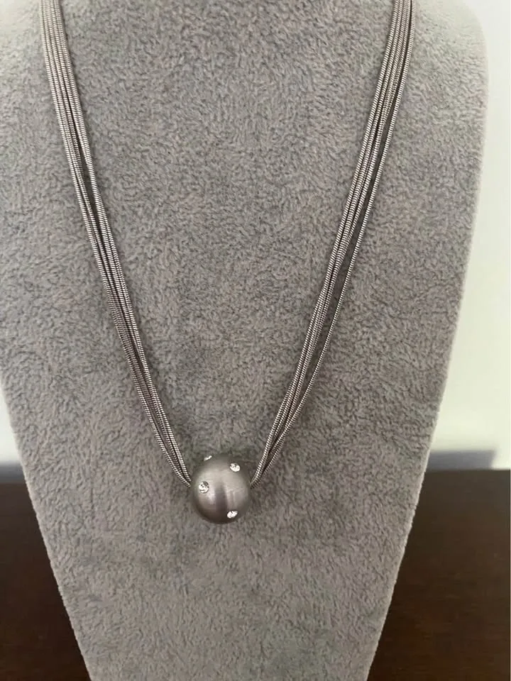 Multi-Strand Silver-Tone Necklace with Crystal Ball Pendant - photo 4