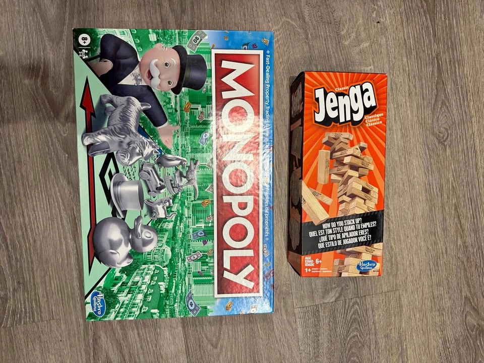 Board games (jenga and monopoly)